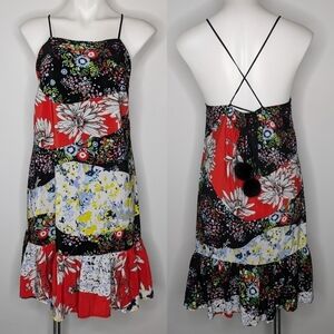 Nicole Miller black white red patchwork flounce pom pom tie back dress 8